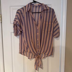 Pearl pink with blue stripe sheer button down with tie front
